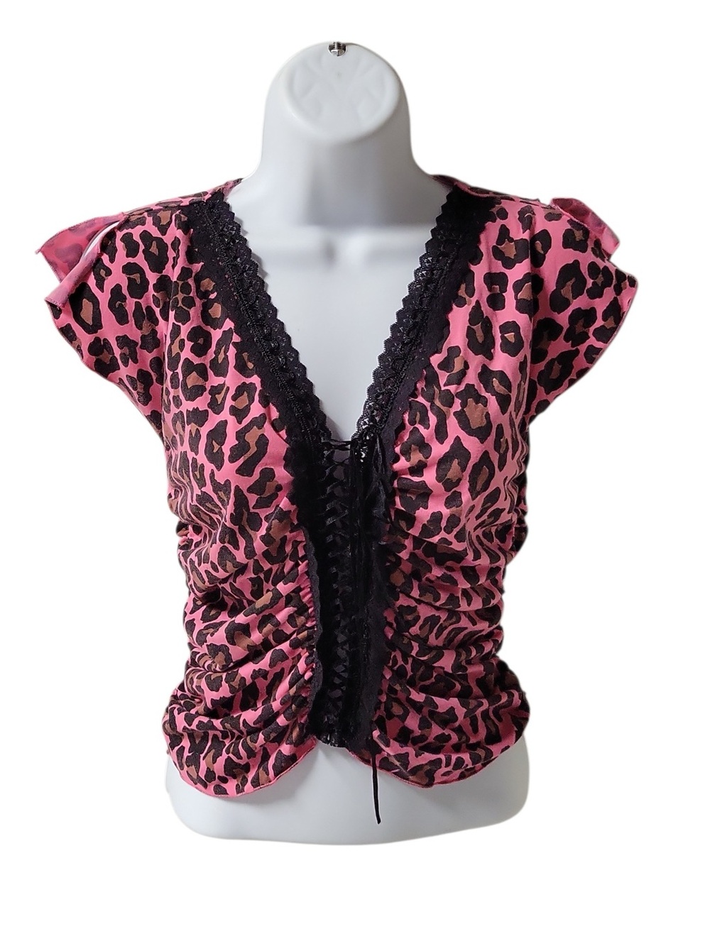 Y2K Retro Pink Lace Leopard Print- Short Sleeve Crop Top Women's Size Small